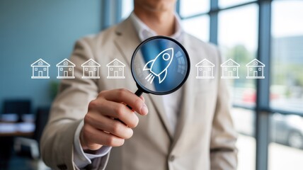A magnifying glass focuses on a rocket ship over multiple houses.