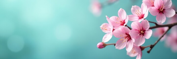 Delicate pink cherry blossoms, soft focus, turquoise backdrop , macro, floral, vibrant