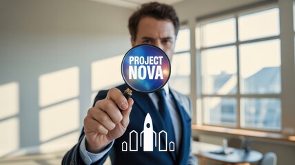 Businessman holds a magnifying glass highlighting a project.
