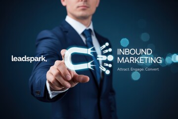Businessman's hand interacting with a digital inbound marketing graphic.