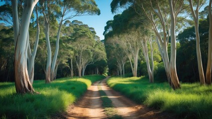 A picturesque forest trail bordered by towering eucalyptus trees beneath a clear blue sky