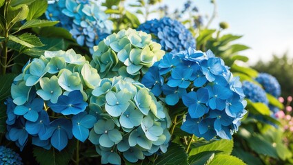 Beautiful Hydrangea bushes in full bloom in a garden in the UK, showcasing vibrant colors and lush greenery.