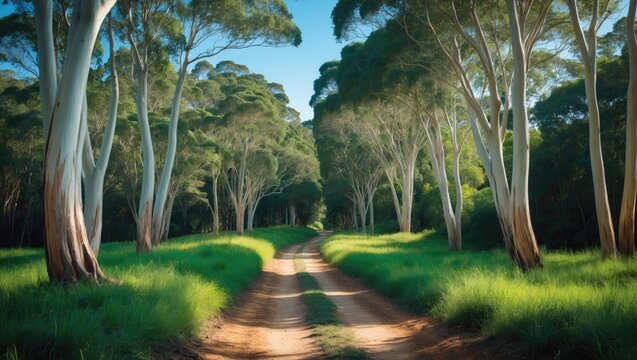 A picturesque forest trail bordered by towering eucalyptus trees beneath a clear blue sky - Powered by Adobe