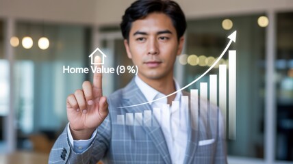 Businessman interacts with a projected home value increase graph.