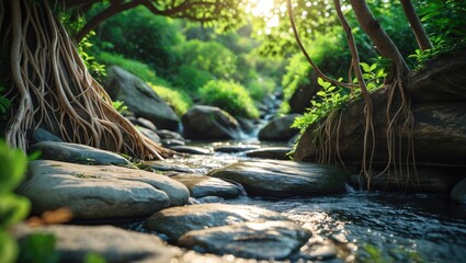 Fototapeta premium A peaceful forest stream moves over rocks and roots amid abundant greenery.