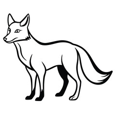 Stylized fox with black outlines attentively watches something on a white background