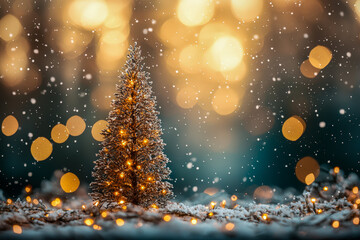 Naklejka premium Festive winter scene with snow-covered Christmas tree and glowing lights in bokeh background