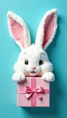 Obraz premium Fluffy Easter bunny ears, gift box, blue background Top view , element, texture
