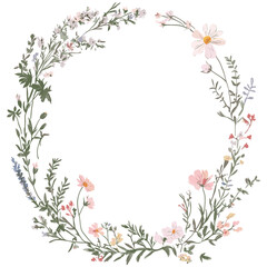 Fototapeta premium Hand drawn floral frame, greeting card with flowers for birthday or wedding, vector illustration, rustic flower art, elegant botanical border, wildflowers clipart, png, romantic garden theme.