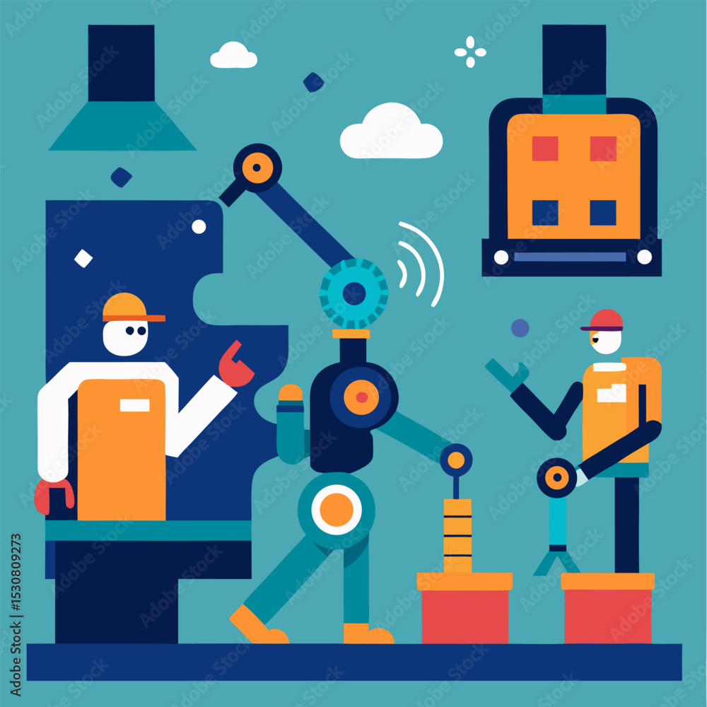 Poster ai in industrial settings, smart robots operating on a factory floor.