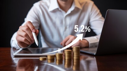 Businessperson using digital tablet to track financial growth.