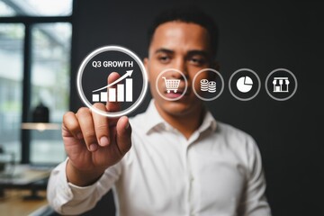 Person interacting with a projected graphic displaying financial growth indicators.