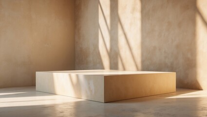 Backdrop light beige podium display for product in an interior room featuring sunlight and shadows on the concrete wall surface.