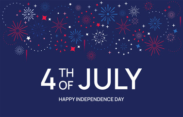 4th of July , USA Independence Day horizontal banner. Red, white and blue fireworks on the dark blue background. USA Independence Day template for social media and typography. 
