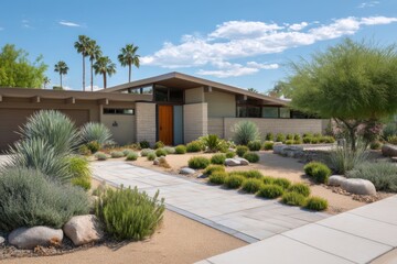 Modern house with desert landscaping on white background