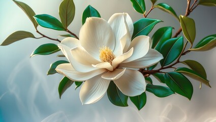 Fototapeta premium Close-up of a Cape jasmine flower in a garden, showcasing the Beautiful Gardenia flower on a white wall background.