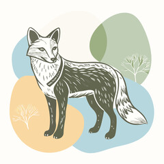 Elegant fox poses regally amid pastel botanical shapes, exhibiting its detailed earthy fur