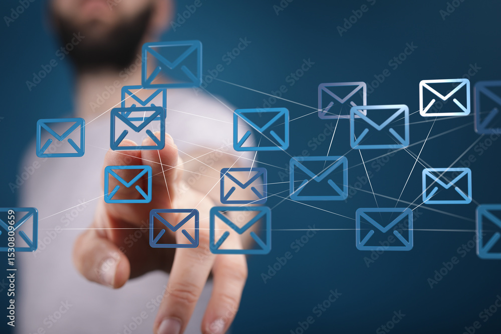 Aufkleber Man interacts with digital email network, showcasing global communication and connectivity.
