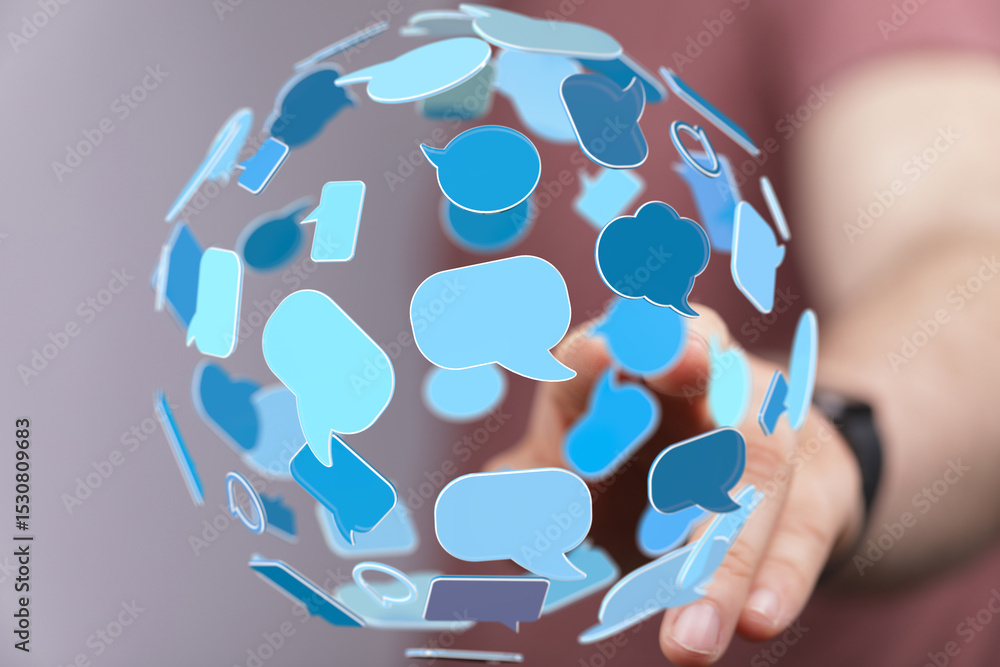Poster Abstract image depicting a sphere of interconnected speech bubbles, symbolizing global communication and networking.