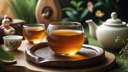 Fototapeta premium A Welcoming and Calm Tea Setup Incorporating Natural Elements Along with Cozy Decor and Charm
