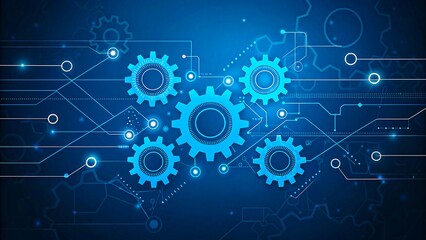 Obraz premium Digital blue gear mechanism illustration on circuit background representing technology system 