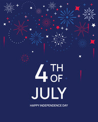 4th of July , USA Independence Day square banner. Red, white and blue fireworks on the dark blue background. USA Independence Day template for social media and typography. 