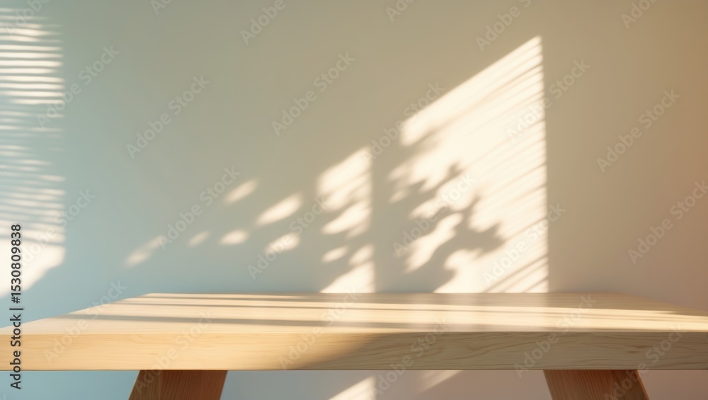 Aufkleber empty table against beige textured wall background with window shadow and sunlight illuminating the 