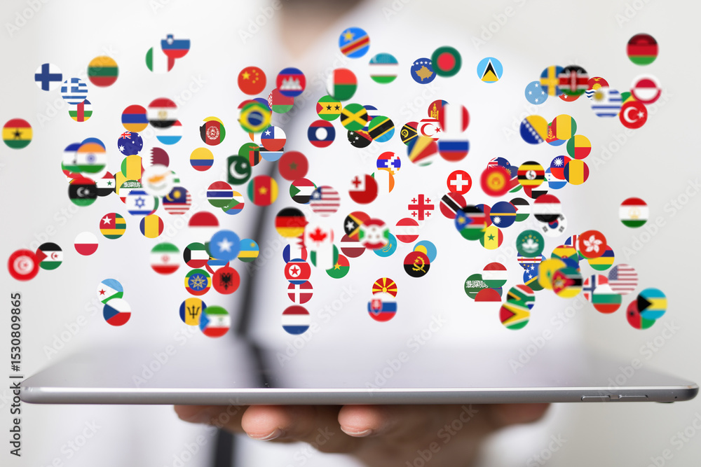 Poster image of diverse flags on a tablet, representing global networking and international business.