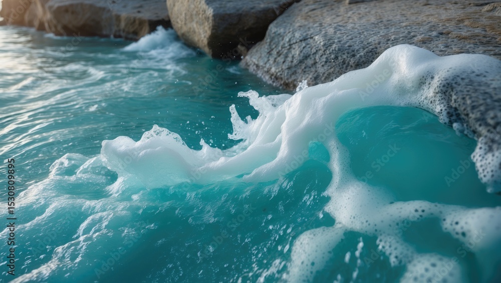 Poster a strong river current with rapidly flowing water generating waves and splashes, moving over rocks a