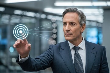 Businessman interacts with a digital target interface.