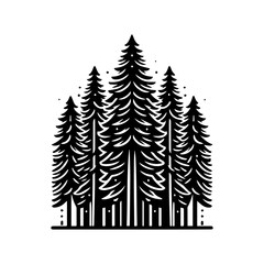 Obraz premium Bold wilderness landscape logo featuring silhouette of lush pine forest with dramatic evergreen profiles in monochrome