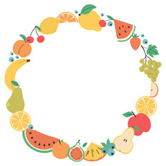 Round frame of different summer fruits on the white background. Apple, pear, watermelon, mango, lemon, pomegranate, orange, banana, orange slices, grapes, cherry. Flat vector illustration.