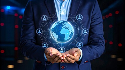 Businessman holding digital globe with connected network nodes representing global business
