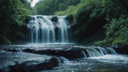 A tranquil waterfall cascading over rocks within a lush forest, captured using long exposure to achieve a smooth water effect.