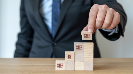 Businessperson placing a wooden block to build a step-by-step strategy.
