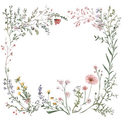 Wildflowers hand drawn floral frame, greeting card with flowers, invitation card for wedding, birthday, holiday, vector illustration, rustic design, spring bouquet, garden decor.