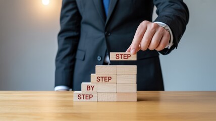 Businessperson placing wooden blocks forming a step-by-step concept.