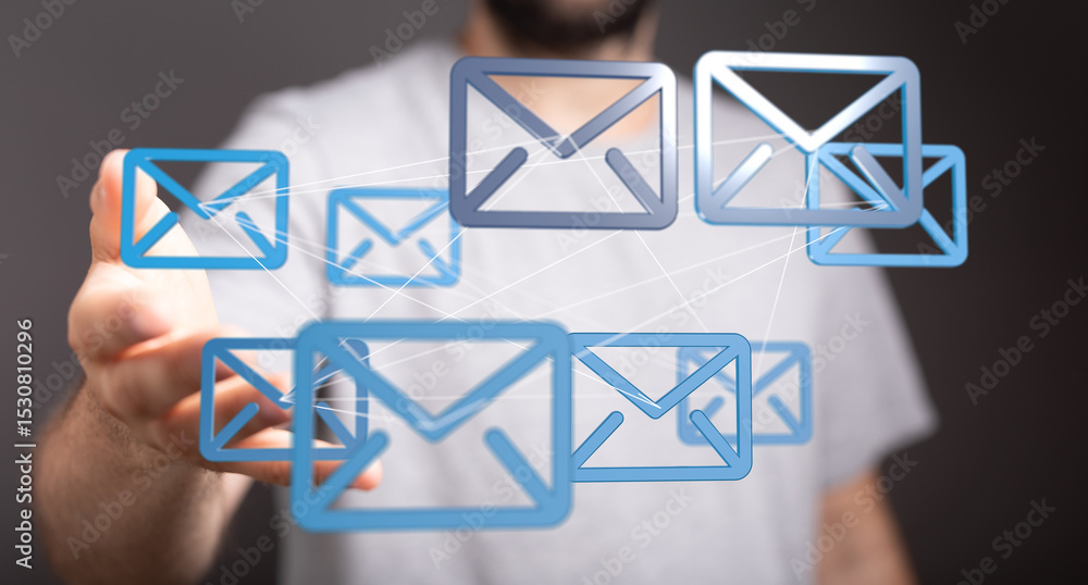 Poster Man interacting with digital email icons, representing global communication and networking.