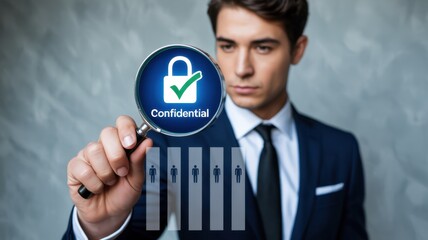 Businessman examines confidential data through a magnifying glass.