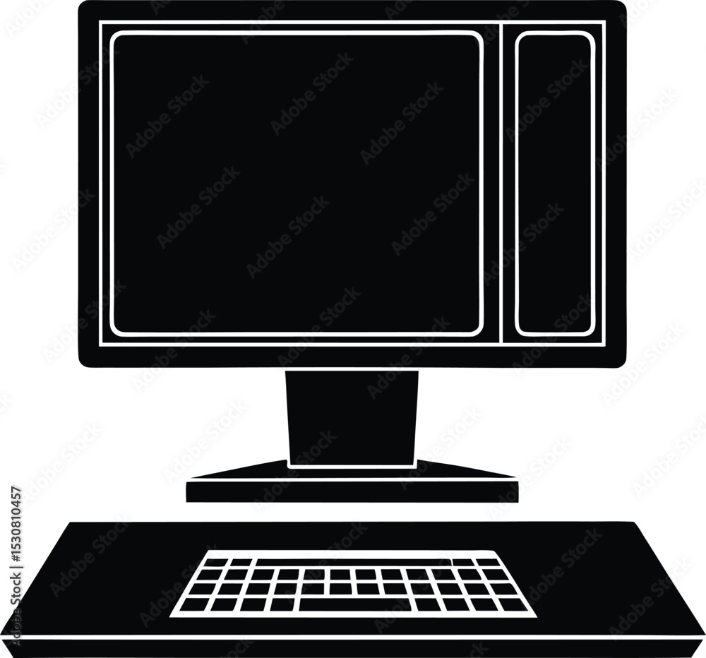 Aufkleber monochrome illustration of a computer silhouette with keyboard and desktop unit setup
