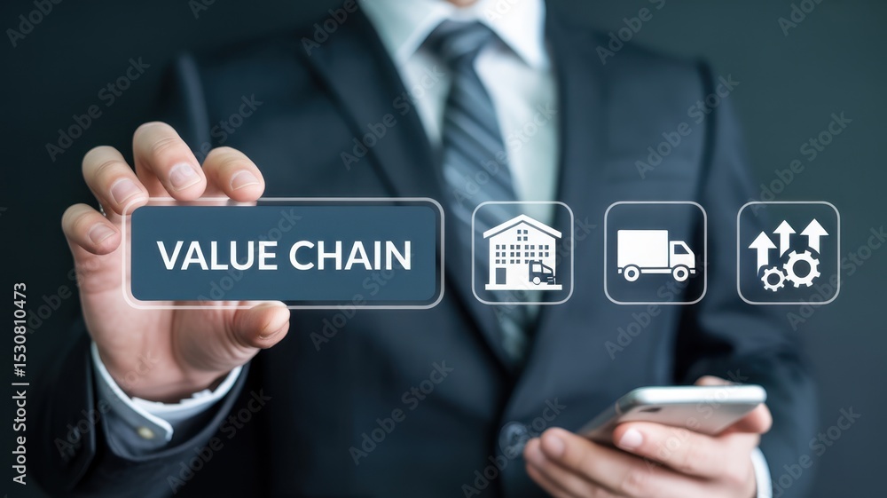 Poster businessman displaying a value chain concept on a touch screen.