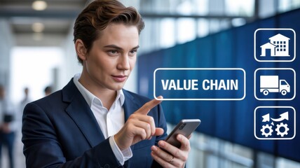 Business professional interacting with a value chain concept on a mobile device.
