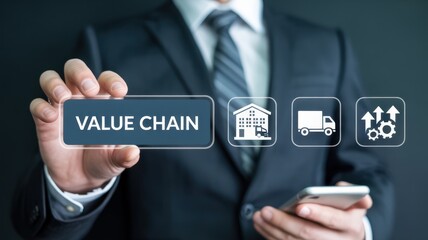 Businessman displaying a value chain concept on a touch screen.
