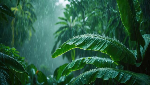 Banana trees during a tropical rain storm, with drops falling from the sky at high speed being driven by strong winds, creating a spectacular experience
