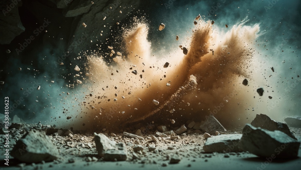 Poster abstract powder splatted background, frozen motion of earth dust exploding texture.