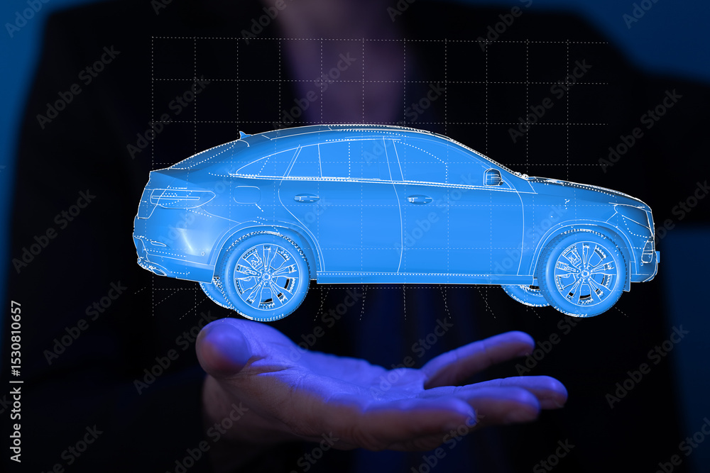 Poster Futuristic image of a digital car model hovering above a hand, representing innovation and automotive technology.