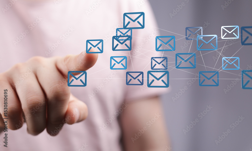 Poster Image of hand interacting with digital email icons, representing global communication and network connectivity.