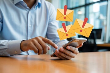 Person using a smartphone with email notification icons.