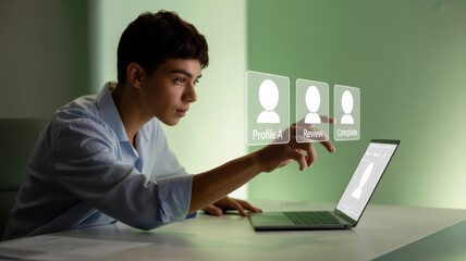 Person using a laptop computer and interacting with profile options.