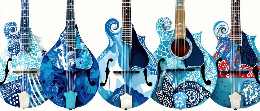 Collection of Ornate Blue Mandolins with Decorative Designs, Musical Instruments in a Row, Artistic and Unique